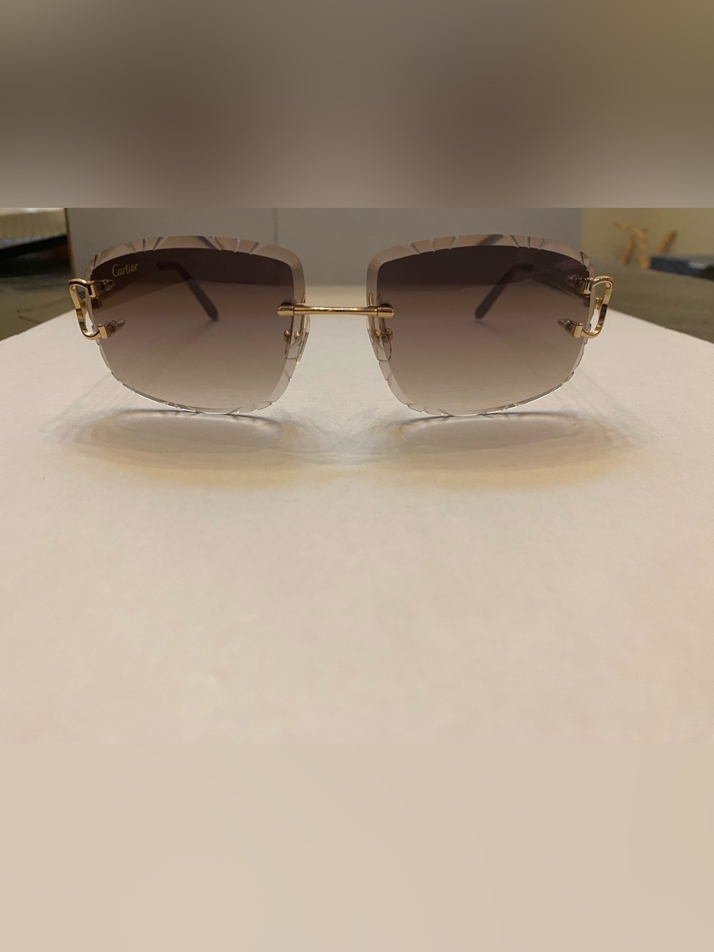 Cartier Gold Rimless Sunglasses with Smoke Gradient Lenses and Red Case
